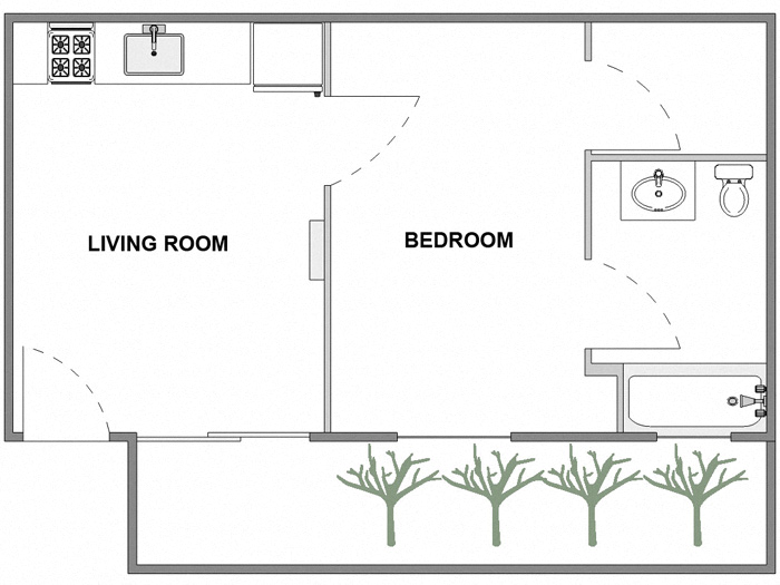 Floor plan for 1 bed, 1 bath, 410 sqft